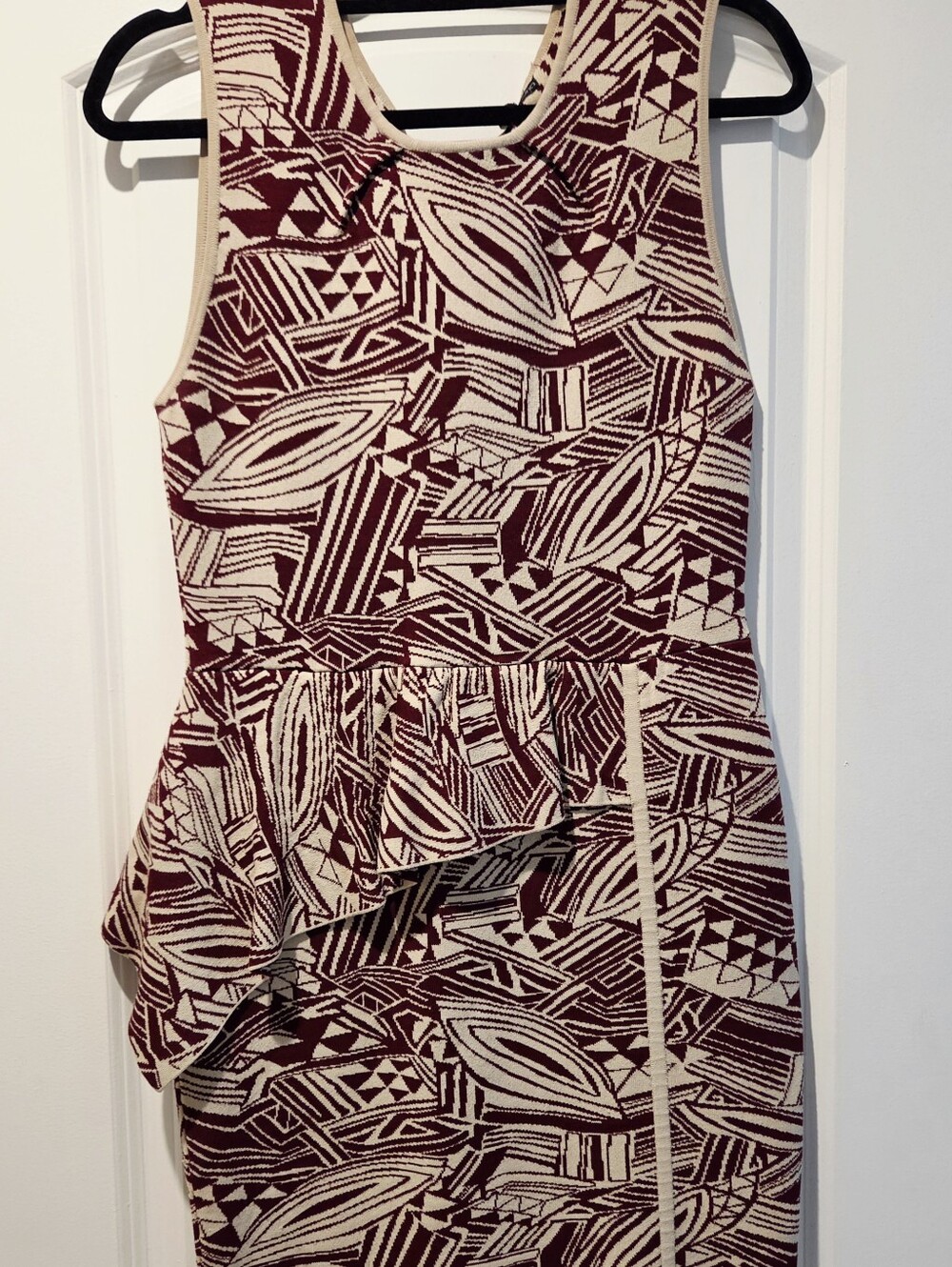 Stylish Sleeveless Peplum Dress in Burgundy and Cream